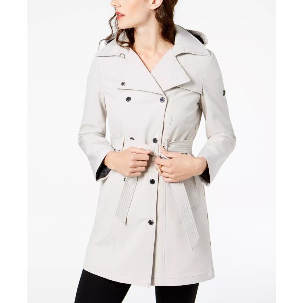 CALVIN KLEIN Women's Hooded Belted Trench Coat Size XL In Oyster